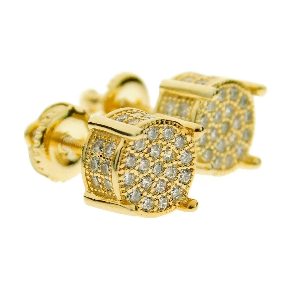 Mens CZ Hip Hop Earrings Set Gold Plated Micro Pave Round Micropave 8MM