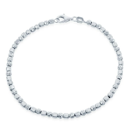 Silver Beaded Gemstone Bracelet Sterling Silver Italian Alternating Square Bead w/ Diamond Cheveron Cut Beads 7.25’’ Bracelet ()