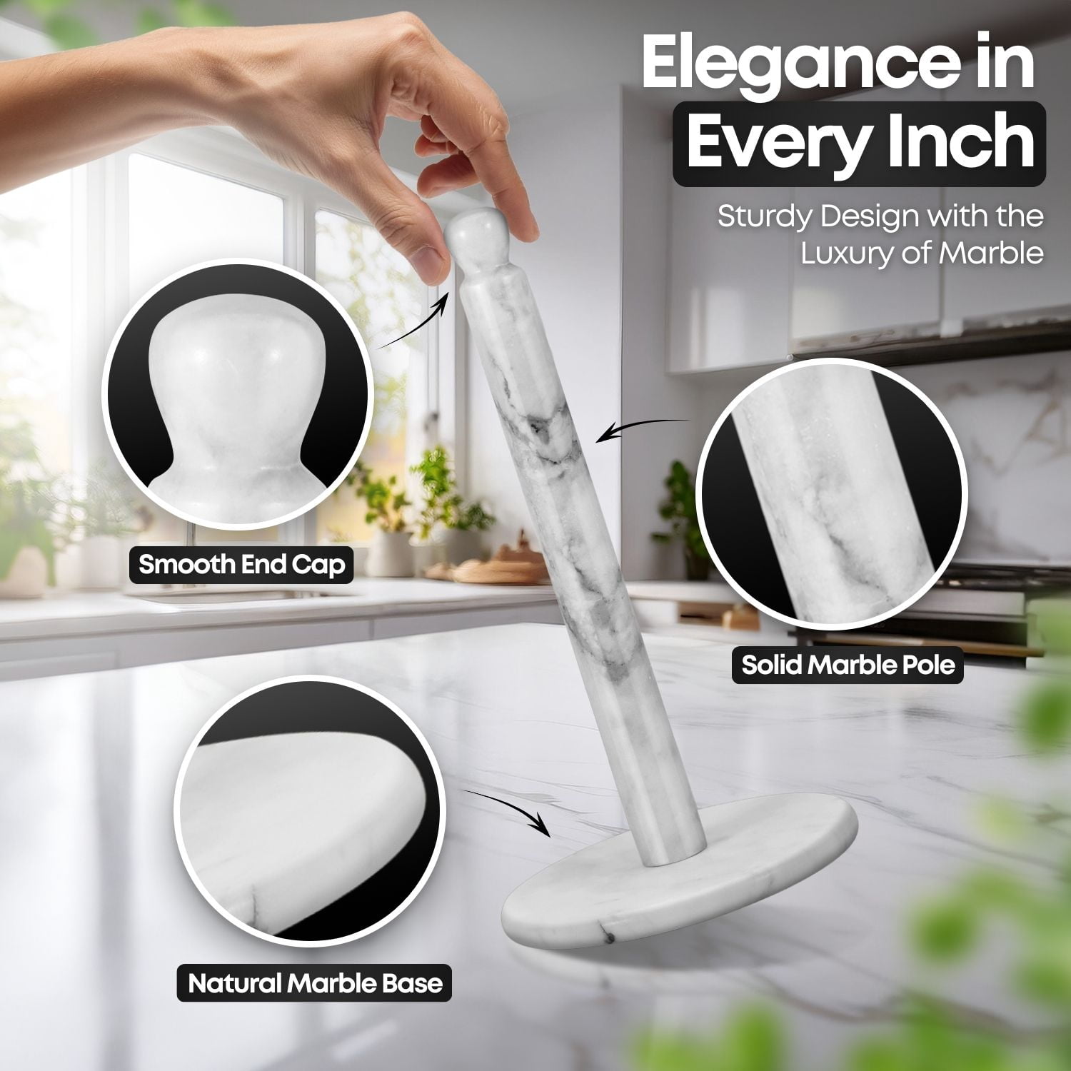 Marble Paper Towel Holder 12 inch (White Marble) Kitchen Paper Towels Roll Dispenser Stand Rack with Marble Pole and Weight Base for Countertop Tables Home Dining Bathroom Storage