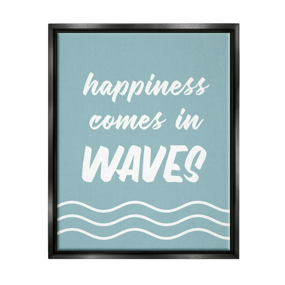 Stupell Industries Happiness Beach Water Waves Uplifting Cursive Phrase Graphic Art Jet Black Floating Framed Canvas Print Wall Art, Design by Lettered and Lined