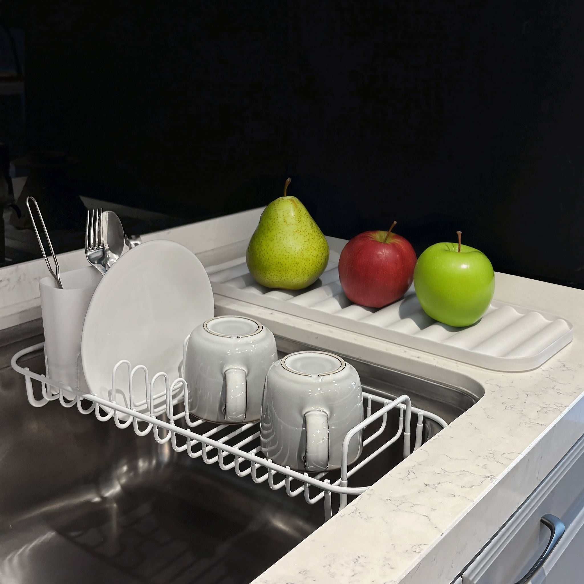 SunnyPoint 304 Stainless Steel Dish Drying Rack with Utensil Holder, Compact Countertop Dish Rack with Removable Drain Tray – White