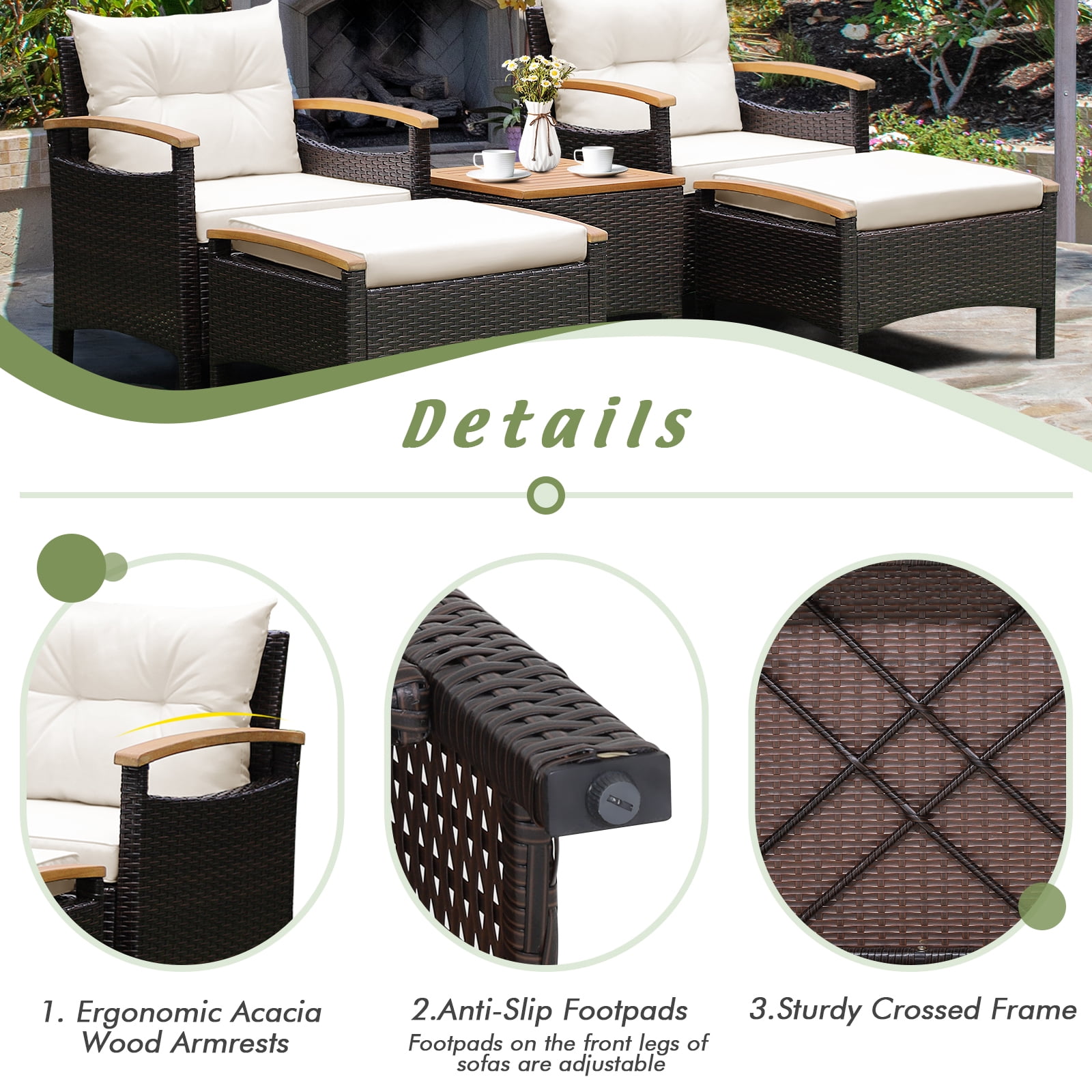 BLACK JAGUAR Outdoor Patio 5PCS Rattan Conversation Furniture Set Acacia Wood Frame Chair with Coffee Table & 2 Ottomans for Backyard&Poolside