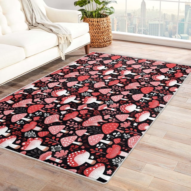 Mushroom Rugs for Living Room Bedroom - Floral Rug 6x8 - Cute Carpet for Home Decor - Washable Non Slip Patterned Indoor Large Area Rug - Soft & Low Pile (ZK&883)