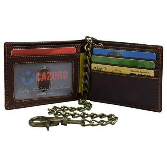 Mens Real Grained Leather Vintage Chained Wallet RFID Purse Credit Card Holder