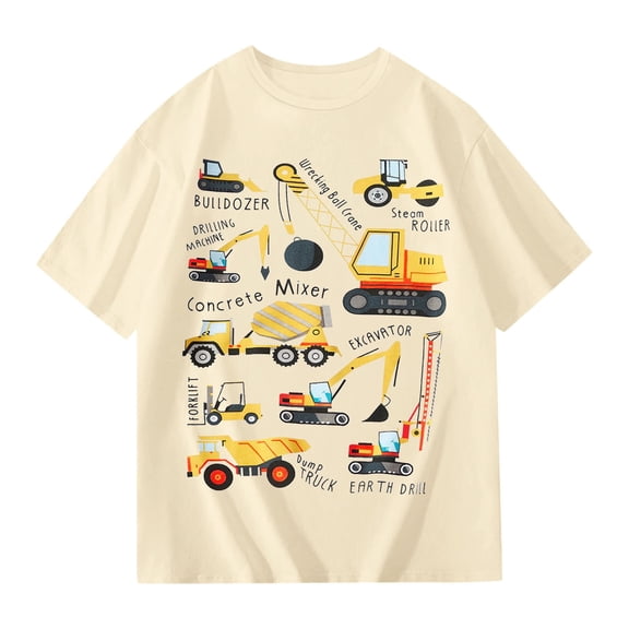 Tiijoy Girls Casual Short Sleeve T Shirt Truck Excavator Print Crewneck T-Shirt, Sizes 3-14