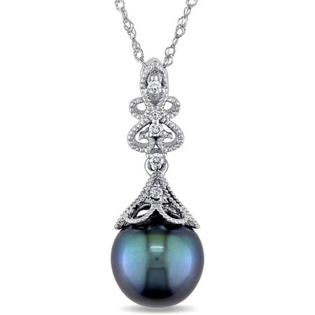 9-9.5mm Black Tahitian Pearl and Diamond-Accent 14kt White Gold Vintage Drop Pendant, 17