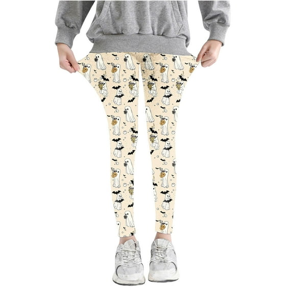 Odeerbi Toddler Girls Leggings Halloween Ghost Print Stretchy Tights Pants 3-8 Years Kids Soft Comfortable Ankle Length Printed Leggings Beige