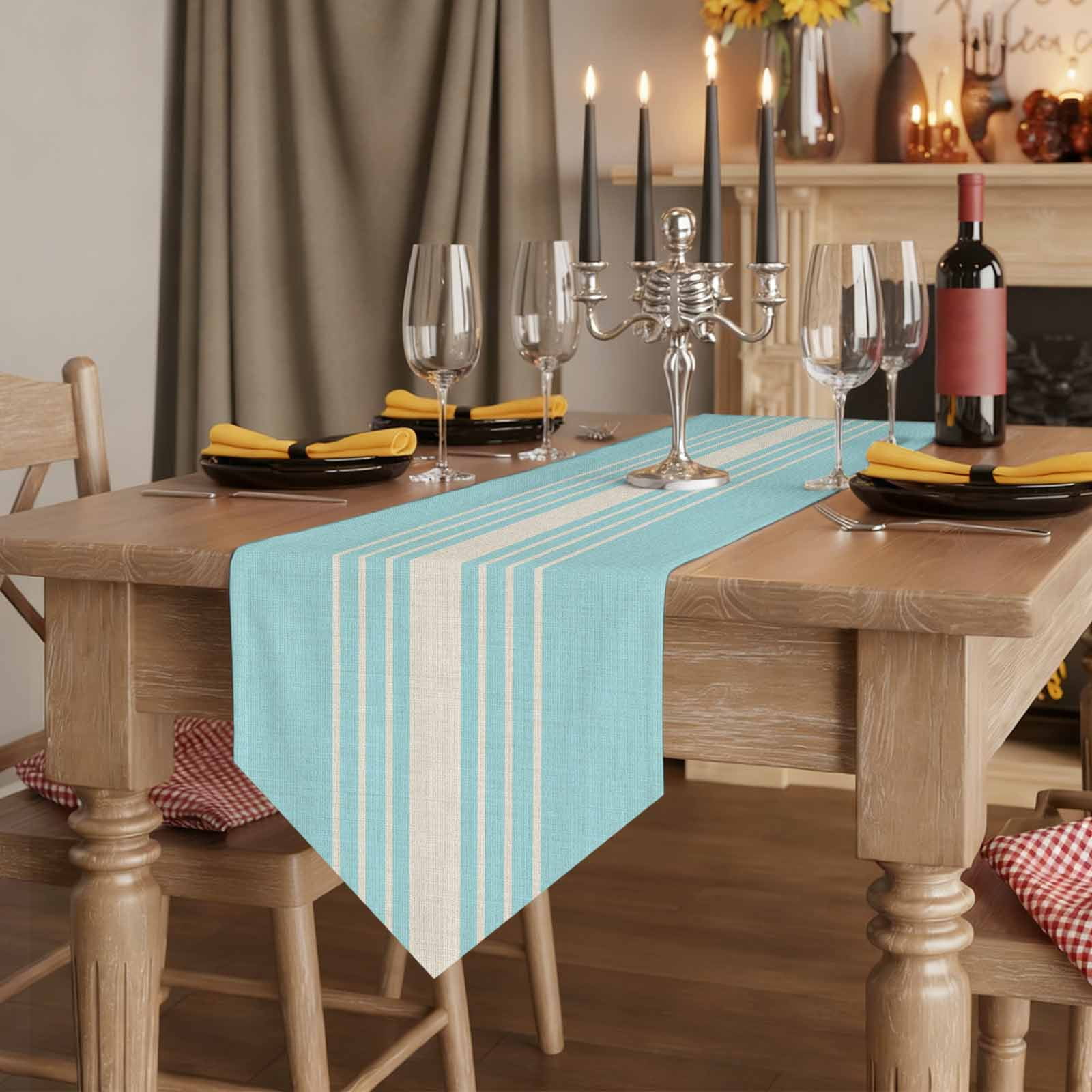 Aqua Beige Striped Table Runner Linen Burlap Table Runner 48 Inches Long Modern Farmhouse Retro Lines Dresser Scarves for Kitchen Island Coffee Dining Room Party Holiday Decoration 13"x48"