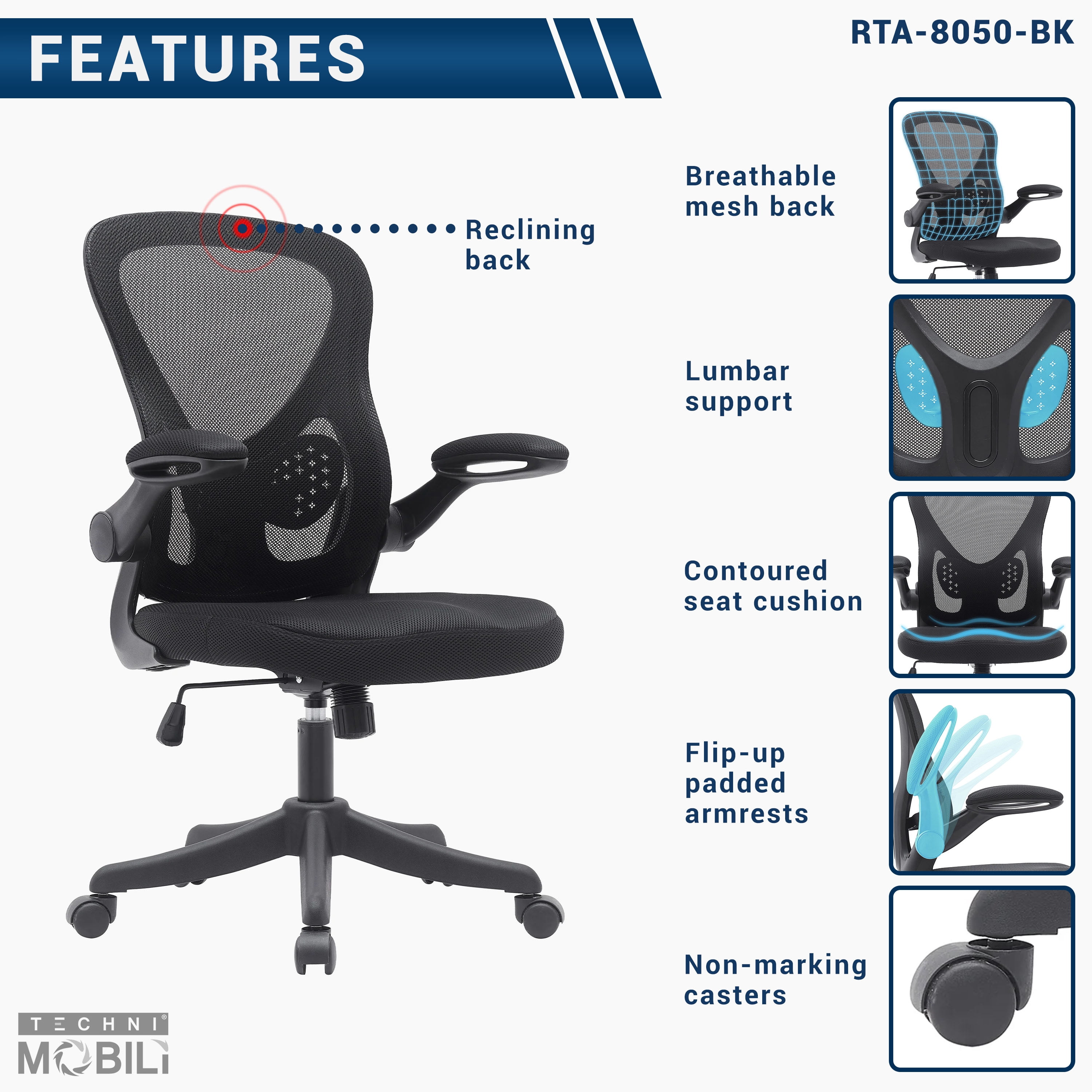 Techni Mobili Black Mesh Office Chair with Lumbar Support and Flip-Up Armrests, RTA-8050-BK