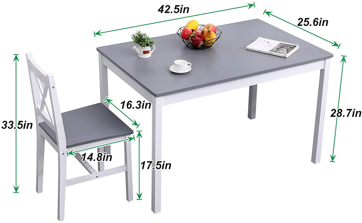 Soges 5 Pieces Dining Table Set, Pine Wood Kitchen Dining Table with 4 Chairs, Wood Rectangular kitchen table and chairs for 4, Small Dining Set for Bar Dining Room Breakfast Nook, White and Gray