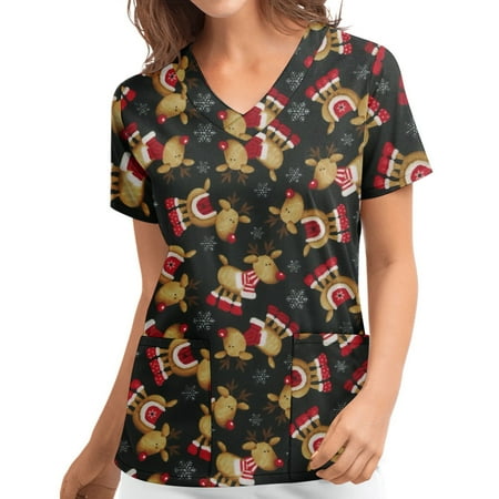 

Xysaqa Womens Tops Casual Tops For Women Scrubs For Women Short Sleeve V-Neck Tops Uniform Christmas Printed Pockets Blouse Black Fashion Tops For Women On Clearance