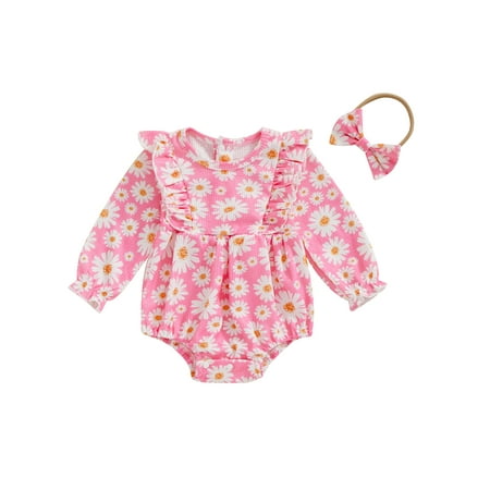 

Wilcliar 2Pcs Baby Girls Romper Daisy Print Ruffles Round Neck Long Sleeve Jumpsuit with Headband
