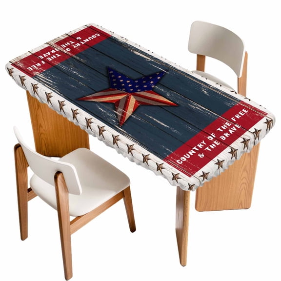4th of July Table Cloths for 3 Foot Rectangle Tables, Country Texas Star Flag Red Blue Wooden Grain Patio Waterproof Elastic Fitted Tablecloths, Washable Rectangular Table Cover for Camping