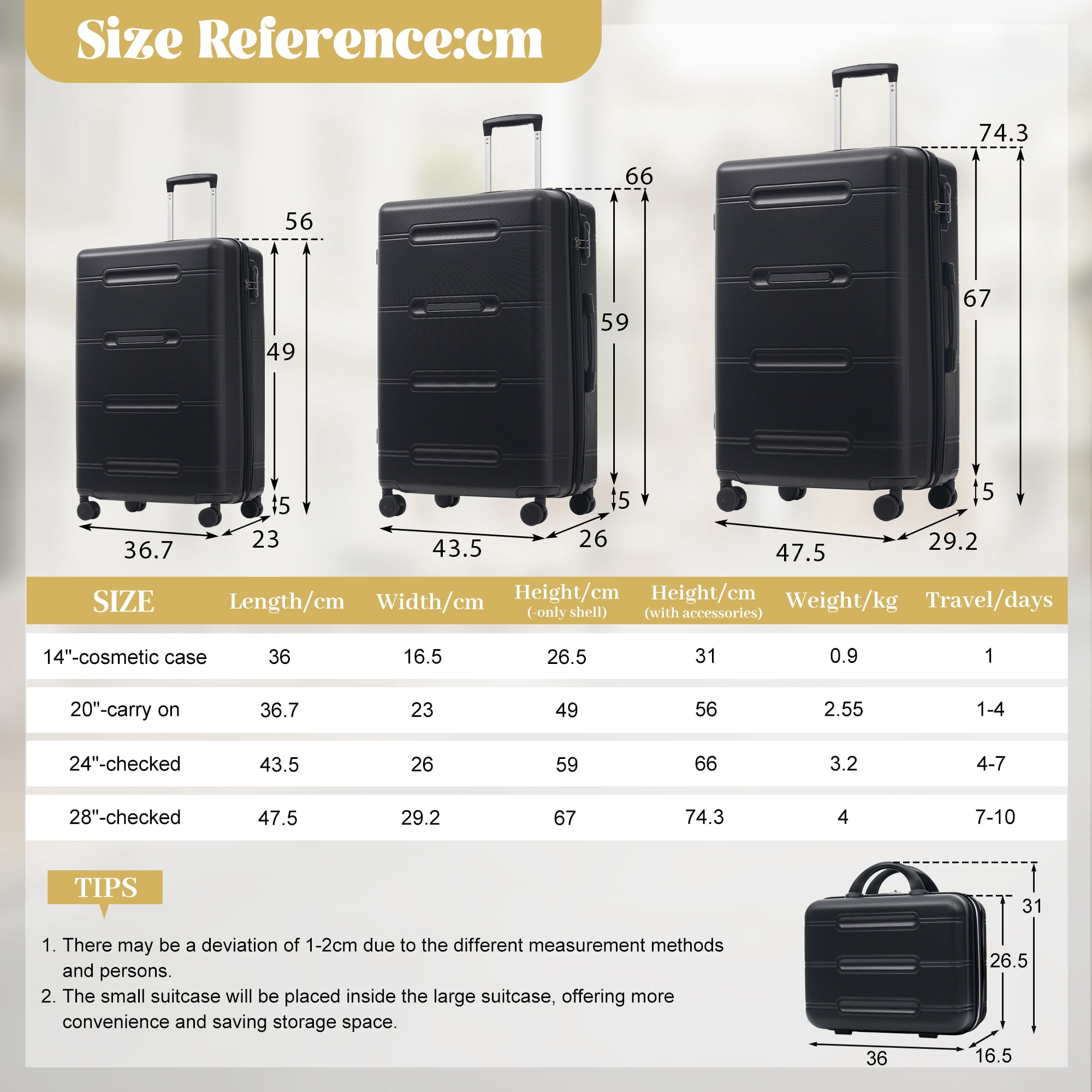 6 Piece Luggage Set,Lightweight Hardshell Suitcase with Double Spinner Wheels Handle Password Lock,14 IN Cosmetic Case 20/24/28 IN Luggages with Duffel Bag and Toiletry Bag
