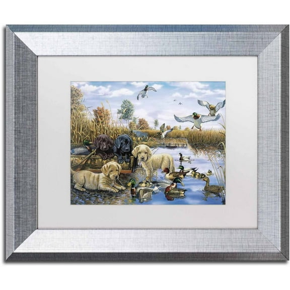 Trademark Fine Art 'A Playful Tail Waggin' Day' Canvas Art by Jenny Newland, White Matte, Silver Frame
