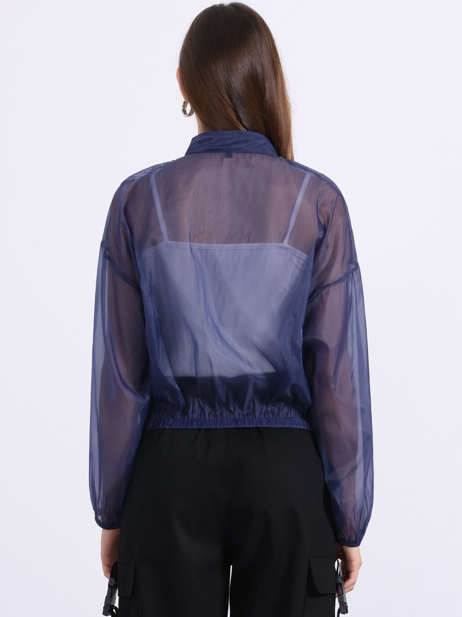 DARING DIVA Women's Sheer Bomber Zip Up Long Sleeve See Through Jackets S Dark Blue