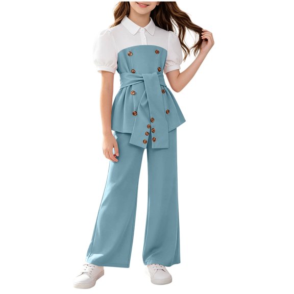 SERTGUTR Girls' Outfit Set Puff Sleeve Lapel Collar Belted Top Wide Leg Pants Button Front Tie Waist Elegant Casual School Party Everyday Wear