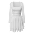 thumbnail image 3 of Women's Fashion Long Sleeve,Women's Square Neck Pleated Hem Dress Solid Color Waist Cinched Long Sleeved Dress White, 3 of 4