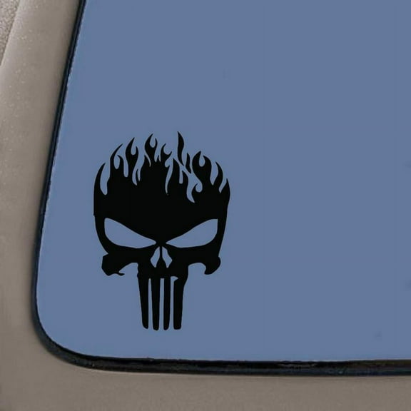 Punisher Skull On Fire Decal | 7.5 Inches By 5.2 Inches | Black Vinyl Decal | Car Truck Van SUV Laptop Macbook Wall Decals