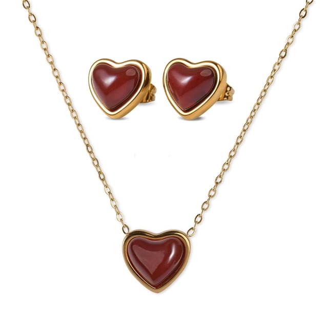LuckyLy Juego de Joyería para Mujer de Corazón con Piedras Naturales, Set Collar y Aretes Acero Inoxidable con Baño Oro 14k – Regalos para Mujer Navidad y Regalos para Mamá Día de rojo Unitalla