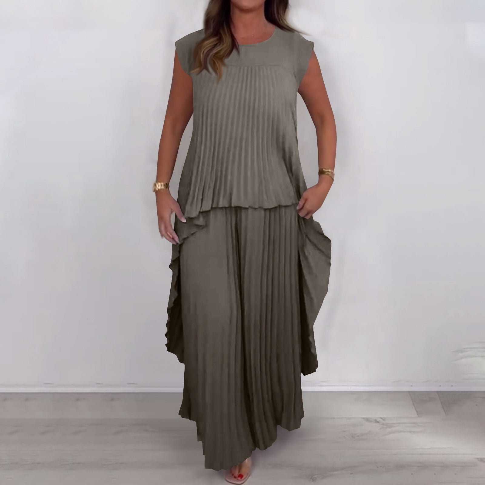 2 Piece Outfits for Women Dressy Pleated Wide Leg Pants Set - Asymmetric Hem Loose Tunic Tops Matching Lounge Sets