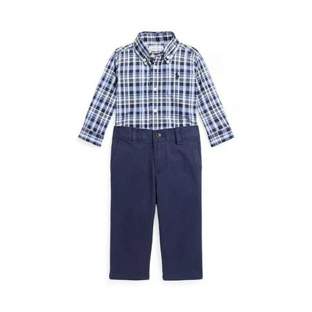 Ralph Lauren NAVY MULTI Baby Boys Plaid Shirt Chino Pants 2 Pc Set, US 6M