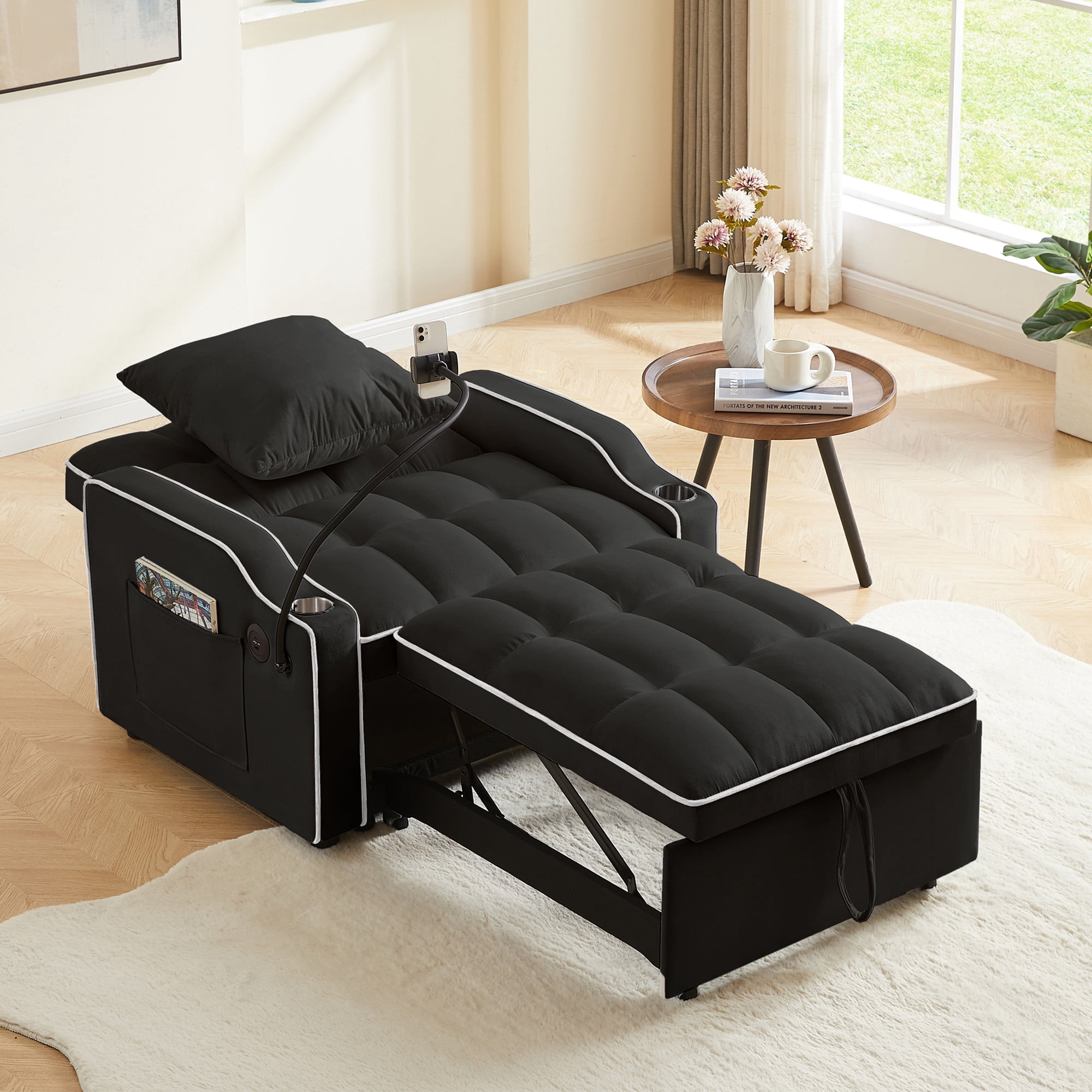 Aukfa Sleeper Chair Bed, Convertible Pull Out Sofa Bed with USB Port, Cup Holders and Swivel Phone Holder, Black