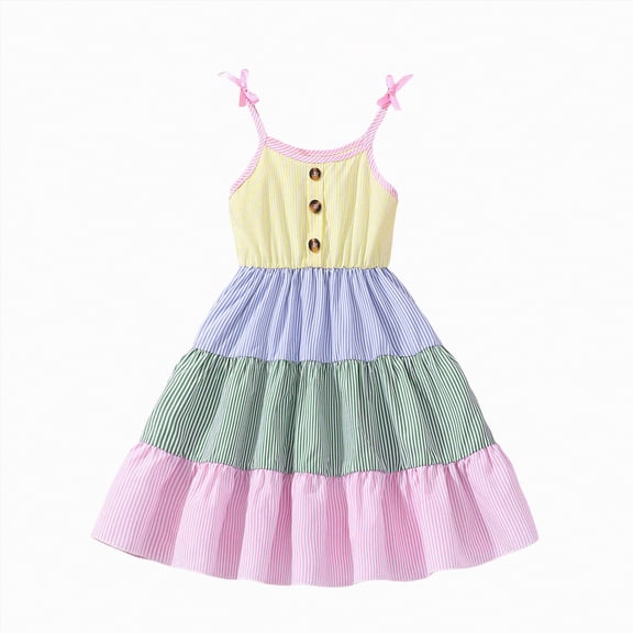 Leey-World Girls Summer Dress Bow Tie Sleeveless Tiered Swing A-Line Midi Casual Sundress Rainbow Dress for Girls(Pink,5-6 Years)