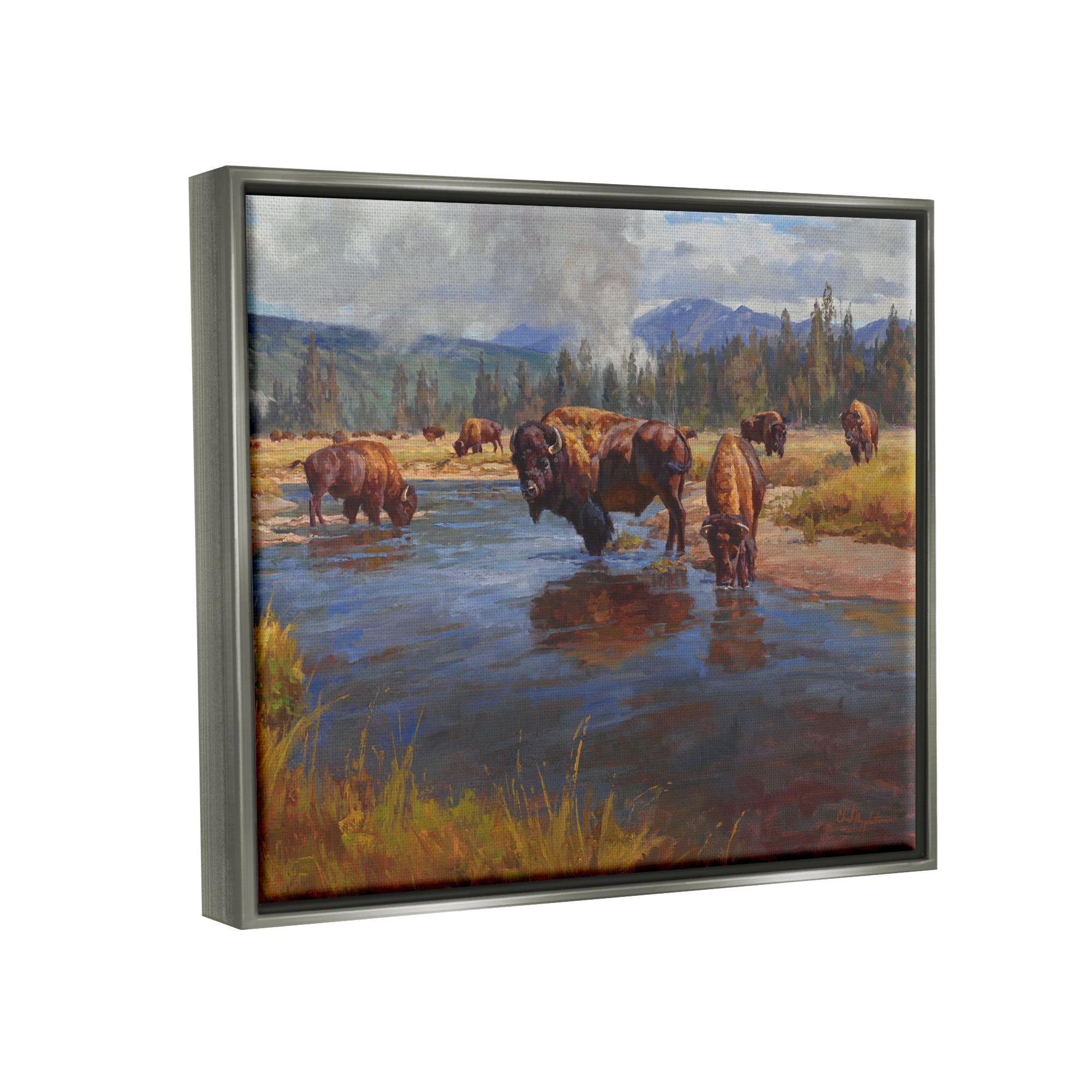 Stupell Industries Bison Herd by River Animals & Insects Painting Gray Floater Framed Art Print Wall Art, 21 x 17