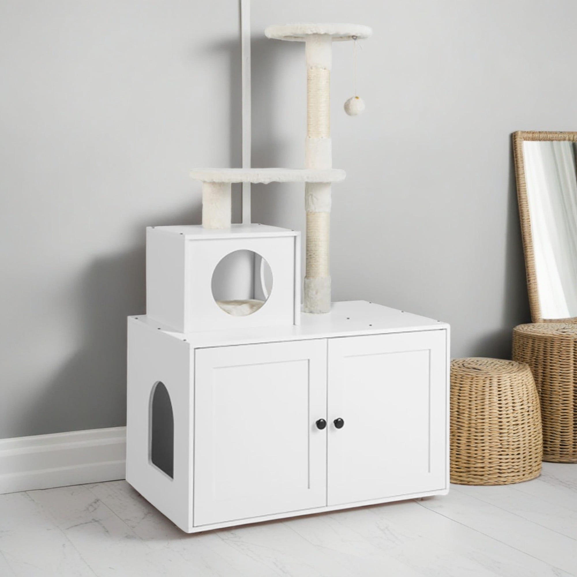 Pefilos 52" Cat Tree with Wood Litter Box Enclosure, All-in-one Indoor Cat Furniture with Large Platform and Condo, Modern Style Cat Tower, White Pefilos 52" Cat Tree with Wood Litter Box Enclosure, All-in-one Indoor Cat Furniture with Large Platform and Condo, Modern Style Cat Tower, White