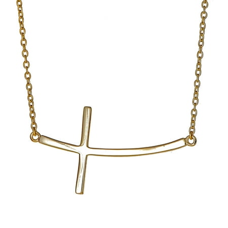 Horizontal Cross - Sterling Silver Pendant Necklace with Plain Horizontal Sideway Curved Cross Charm, Gold Rhodium Plated 925 Silver, Adjustable Chain Length 16