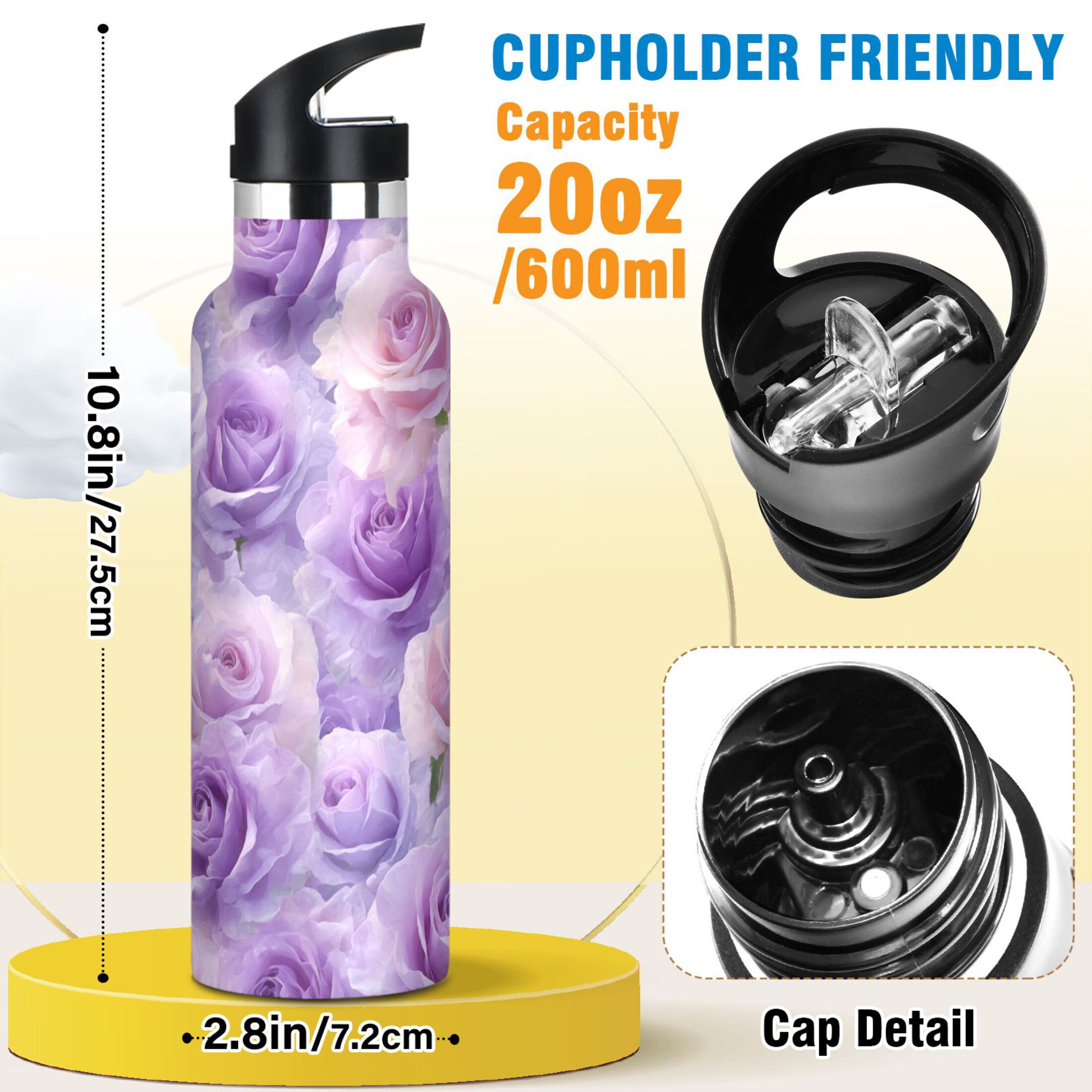 Kids Insulated Stainless Steel Sports Water Bottle 600ml (20oz) Light Purple Roses Pattern