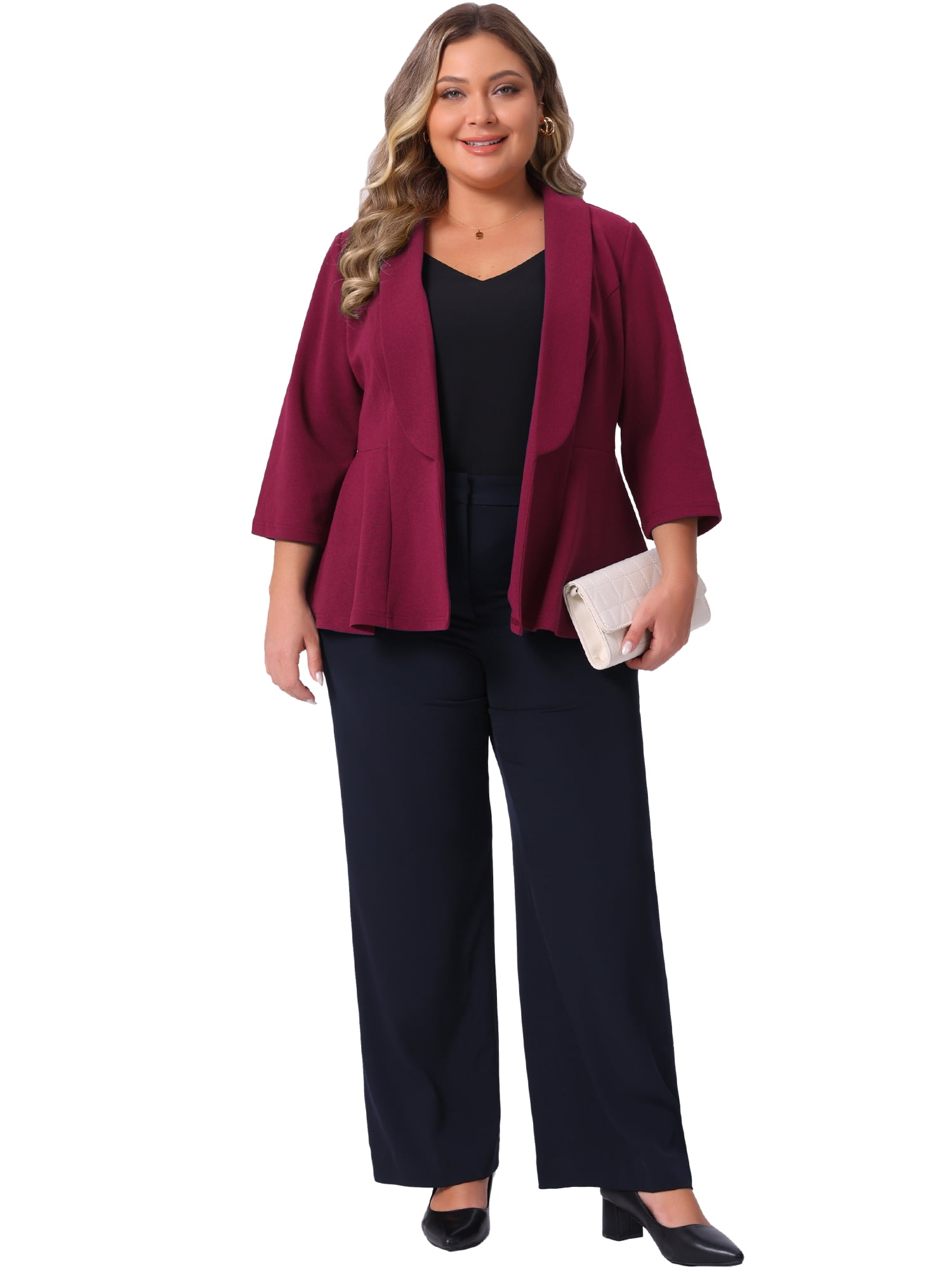 DARING DIVA Women's Plus Blazer Sleeve Open Front Peplum Work Suit Jacket 3X Burgundy