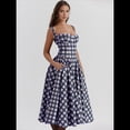 thumbnail image 4 of Vestido Elegante con Corsé para Mujer, Vestido Midi con Tirantes, Escote Bajo, Plisado y Fluido, Vestido de Fiesta con Bustier. Cuadros Azules M, 4 of 7