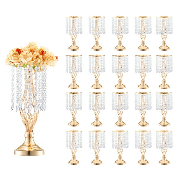 VEVOR 20PCS 43cm/16.9” Tall Crystal Wedding Flower Stand, Metal Wedding Centerpiece Vase, Gold Flower Holders Floral Display Rack for Tables Wedding Dinner Party, Ceremony Birthday Event Decor