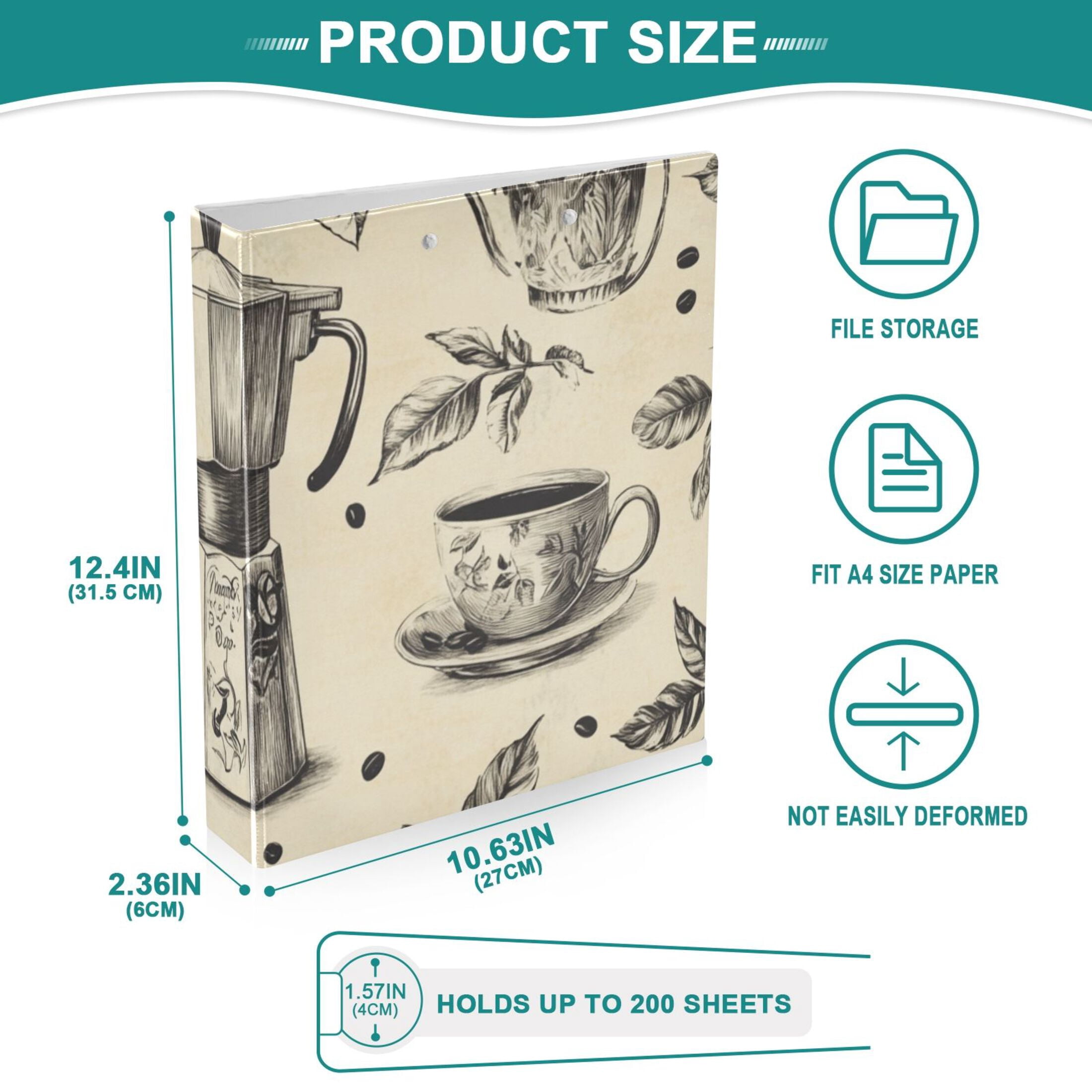Vintage Coffee Leaves 3 Ring Binders 1.5 inch Hardcover File Folders with Interior Pockets A4 Size Organizer for School Office Hospital