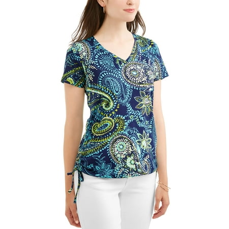 Ruched V-neck Tee - Women's Adjustable Short Sleeve Side Ruched Tee