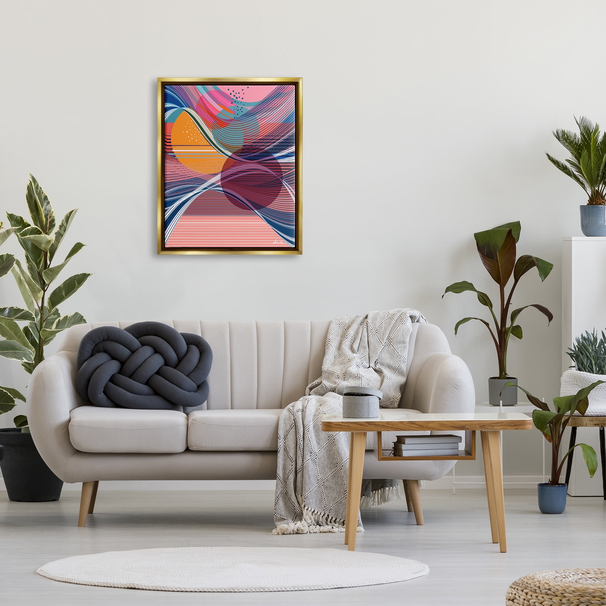 Stupell Industries Waves & Circles Abstraction Abstract Painting Gold Floater Framed Canvas Art Print Wall Art, 25 x 31