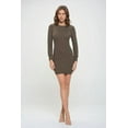 thumbnail image 5 of Olive Small Size Women's Long Sleeves Mini Cocktail Bodycon Dress, Stretchy Ribbed Knit, Round Neck, 5 of 6