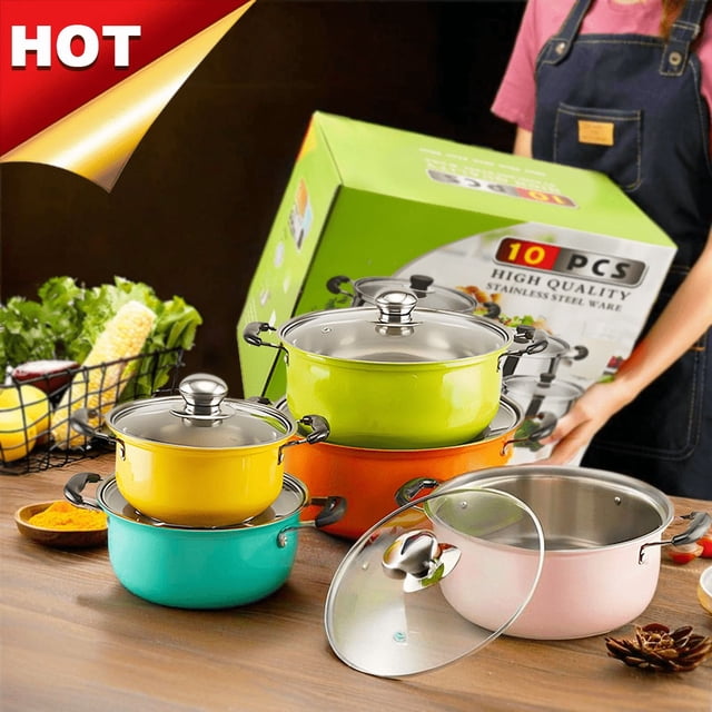 Bamboohart 10 piece various colors stainless steel cookware set non stick cookware set frying pan flat bottomed pan stew pot equipped with lid multifunctional stylish and durable