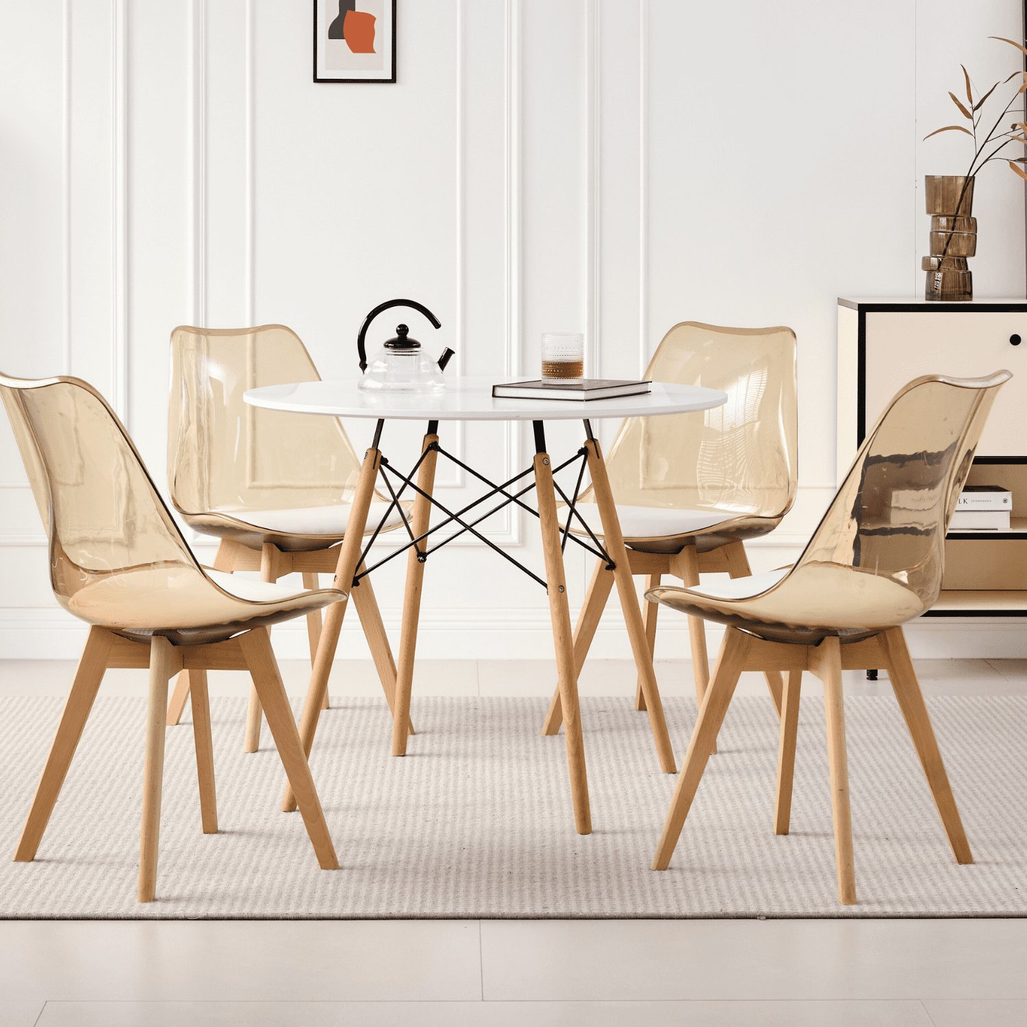 Dining Chairs Set of 4, Clear Acrylic Mid Century Modern Kitchen Chairs with Soft Padded and Wood Legs for Dinner, Living Waiting Room, Bedroom, Apartment, Light Brown