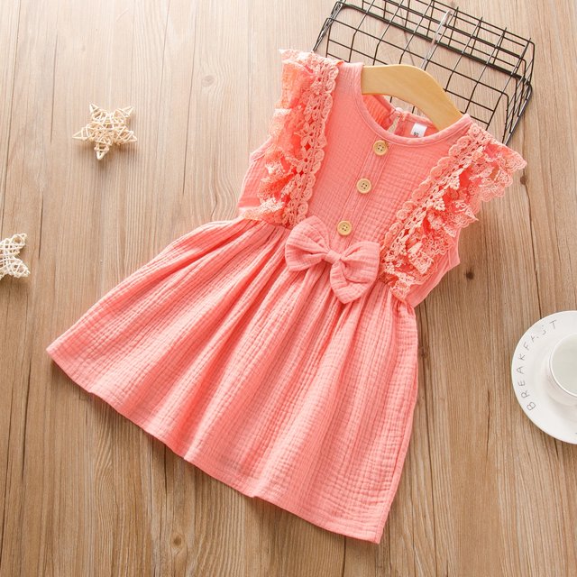 Vestido de princesa liso con lazo y botones sin mangas de encaje para niñas pequeñas
