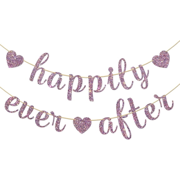 Iridescent Pink Glitter Happily Ever After Banner with Heart Cutouts, Wedding Bridal Shower Engagement Party Wall Decor