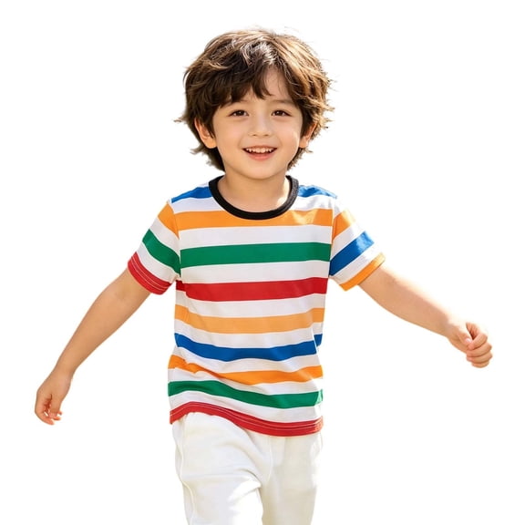 JCCXIN Toddler Kids Boys Striped Tee Shirts Cartoon Graphic Crew Neck Outdoor Active Tops Stretch Short Sleeve Summer School Relaxed Casual Daily Clothes,Multicolor,3-4 Years