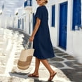 thumbnail image 3 of AKOEE Women's Summer Dress Cotton Linen Pleated V Neck Boho Beach Knee Length Short Dress with Pockets (L, Navy), 3 of 8