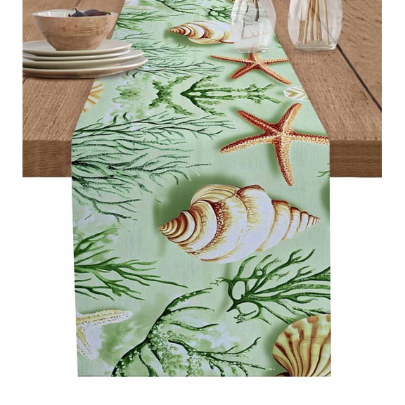 Sage Green Coastal Table Runner 60 Inches, Summer Ocean Seaweed Shell Bed Runner Dresser Scarves Tabletop for Indoor Outdoor Parties/Ceremony/Banquet, 13" x 60"