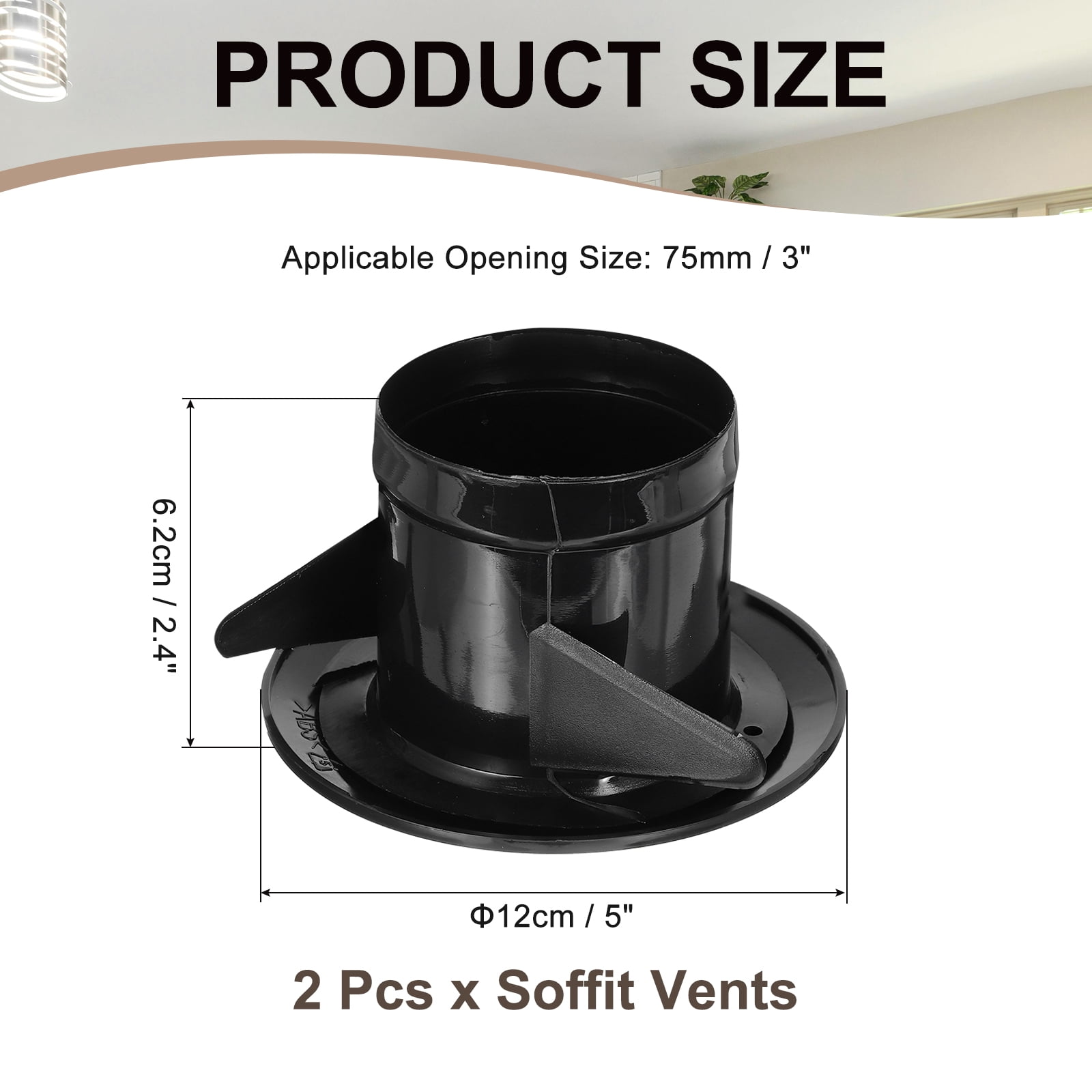 Uxcell 3 Inch Round Air Vent Cover, 2Pcs Soffit Vents ABS Ceiling Vent Covers Air Vent Louver for Living Room, Black