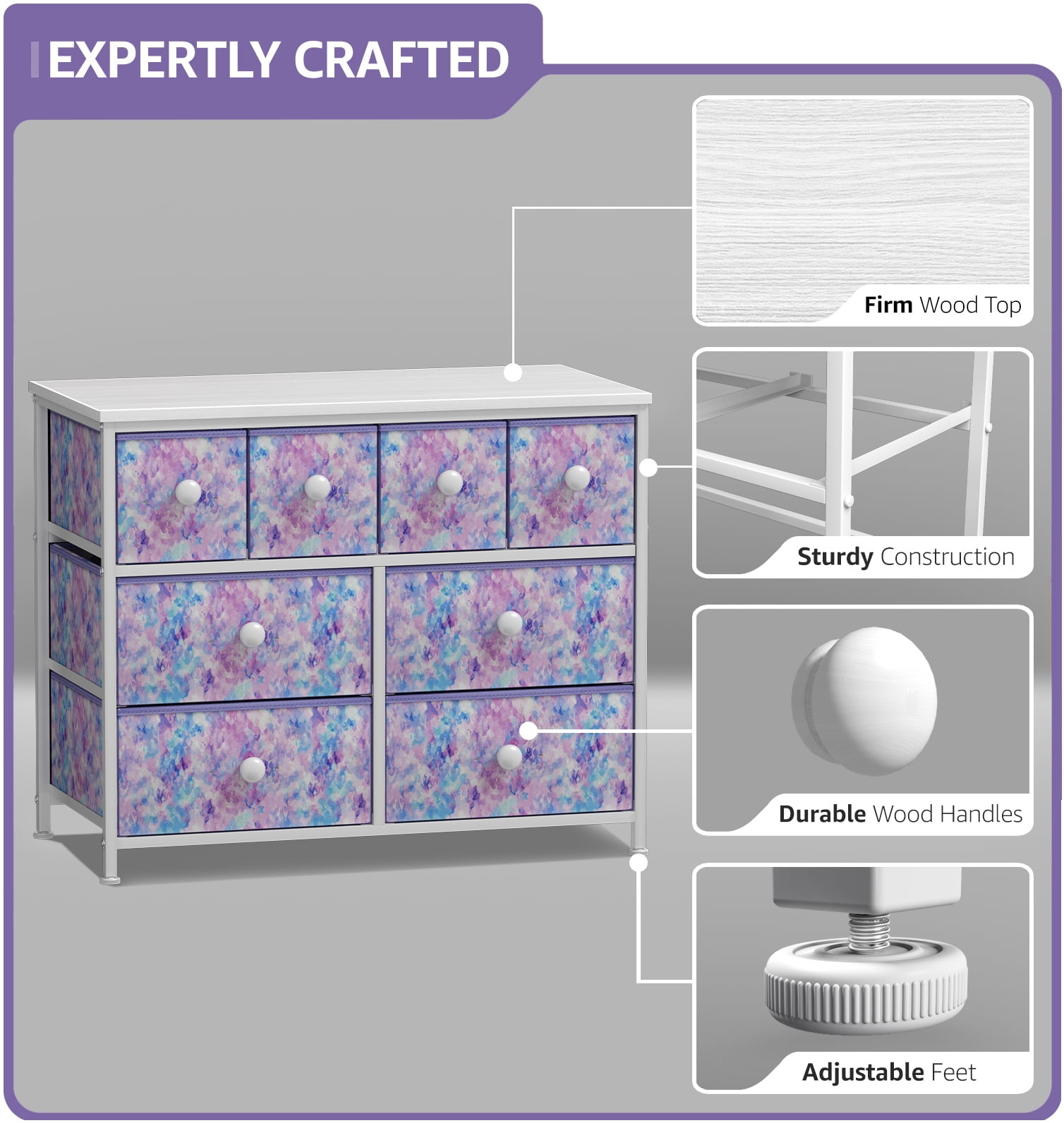 Sorbus Kids Fabric Dresser, 8 Drawer Storage Tower, Steel Frame, Tie-Dye Purple