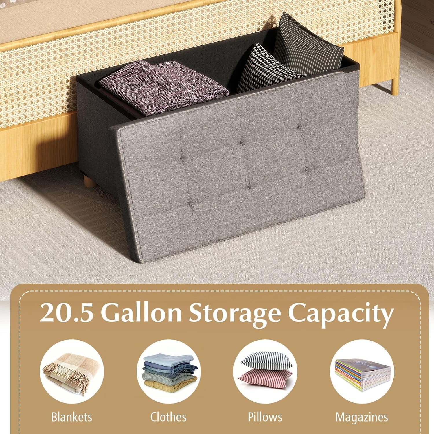 GOFLAME 30 Inches Storage Ottoman Bench, Linen Fabric Footstool with Flip Top Tray, Padded Foot Rest Stool, Rectangular Eed of Bed Bench, Storage Chest for Living Room, Bedroom, Entryway