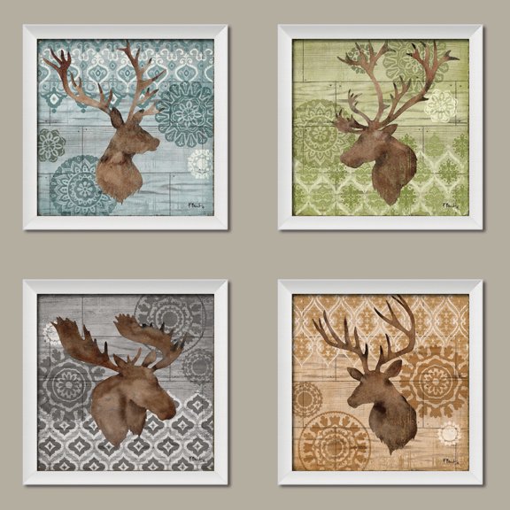 Colorful Elk Deer Moose Silhouettes on a Colorful Ikat Background; Lodge Cabin Decor, Four 12 by 12-Inch White Framed Prints Ready to hang!